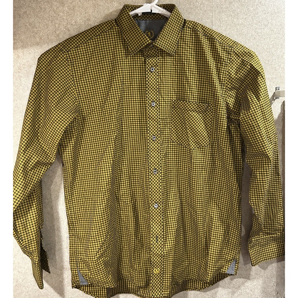Bugatchi Uomo Long‎ Sleeve Button Down Gold Black Checkered Classic For Large